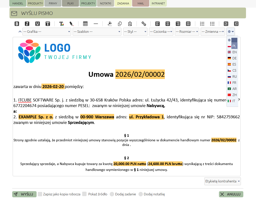 CRM wydruk listów etykiet